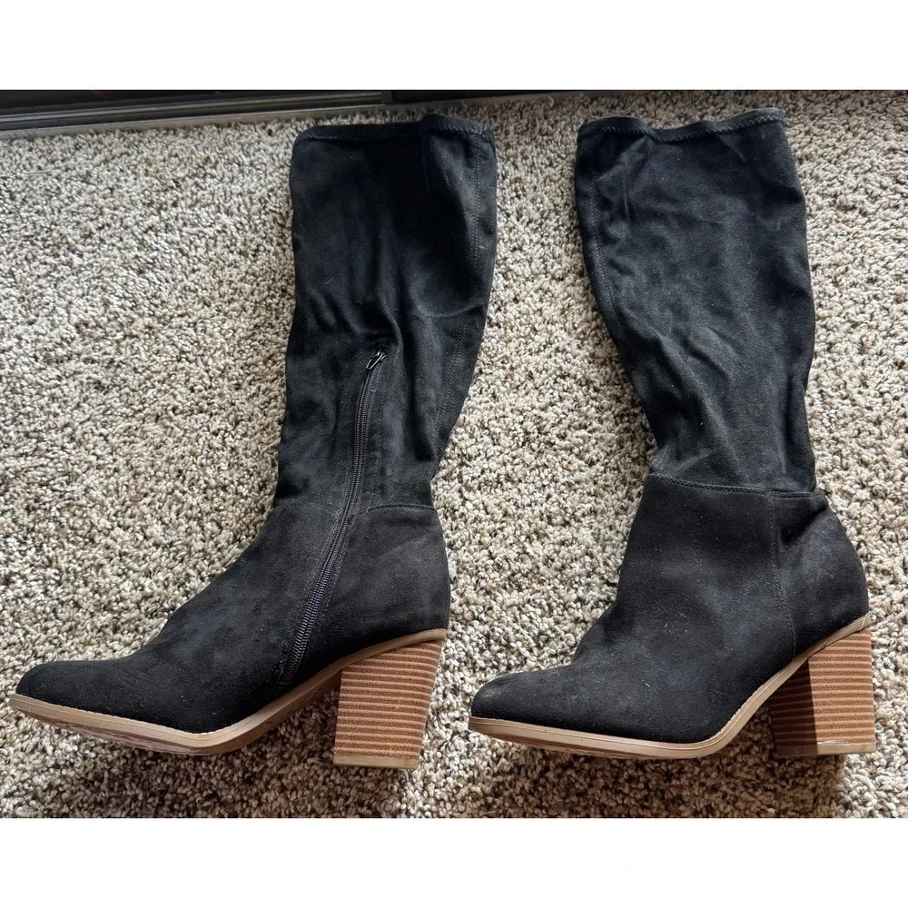 True Craft Womens Black Faux Suede Tall Knee High Boots Stacked Bloc Size 8